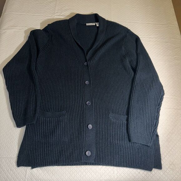 VINTAGE Blair Sweater Knit Cardigan Womens L Blue Navy V-Neck 90s Grandmacore‎ - Picture 1 of 10